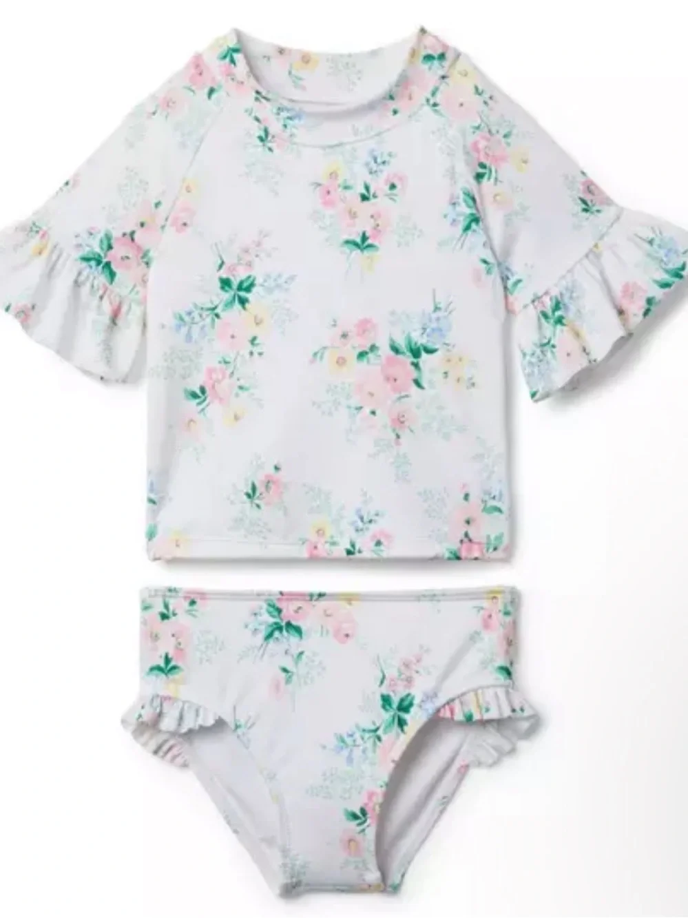Janie and Jack Floral Ruffle Two-Piece Swim Set - White with Pink, Yellow & Blue